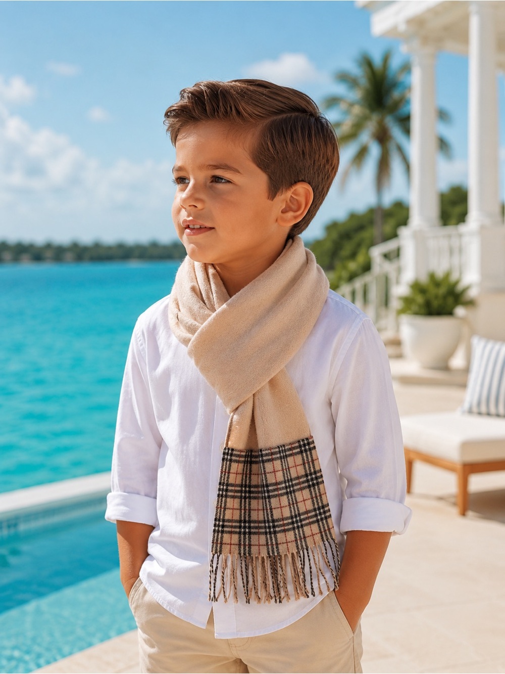 Burberry Kids Check Scarf in Beige and Black - Picture 9 of 9